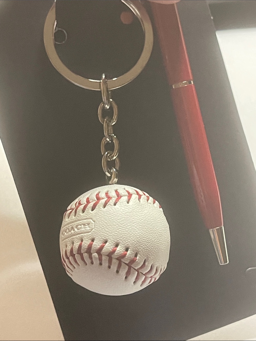 Coach White Leather Baseball Keychain with Red Stitching and Coach Pen - Picture 7 of 7